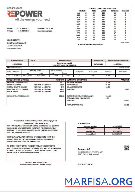 Downloadable Switzerland Repower AG utility bill template, fully editable in Word and PDF format